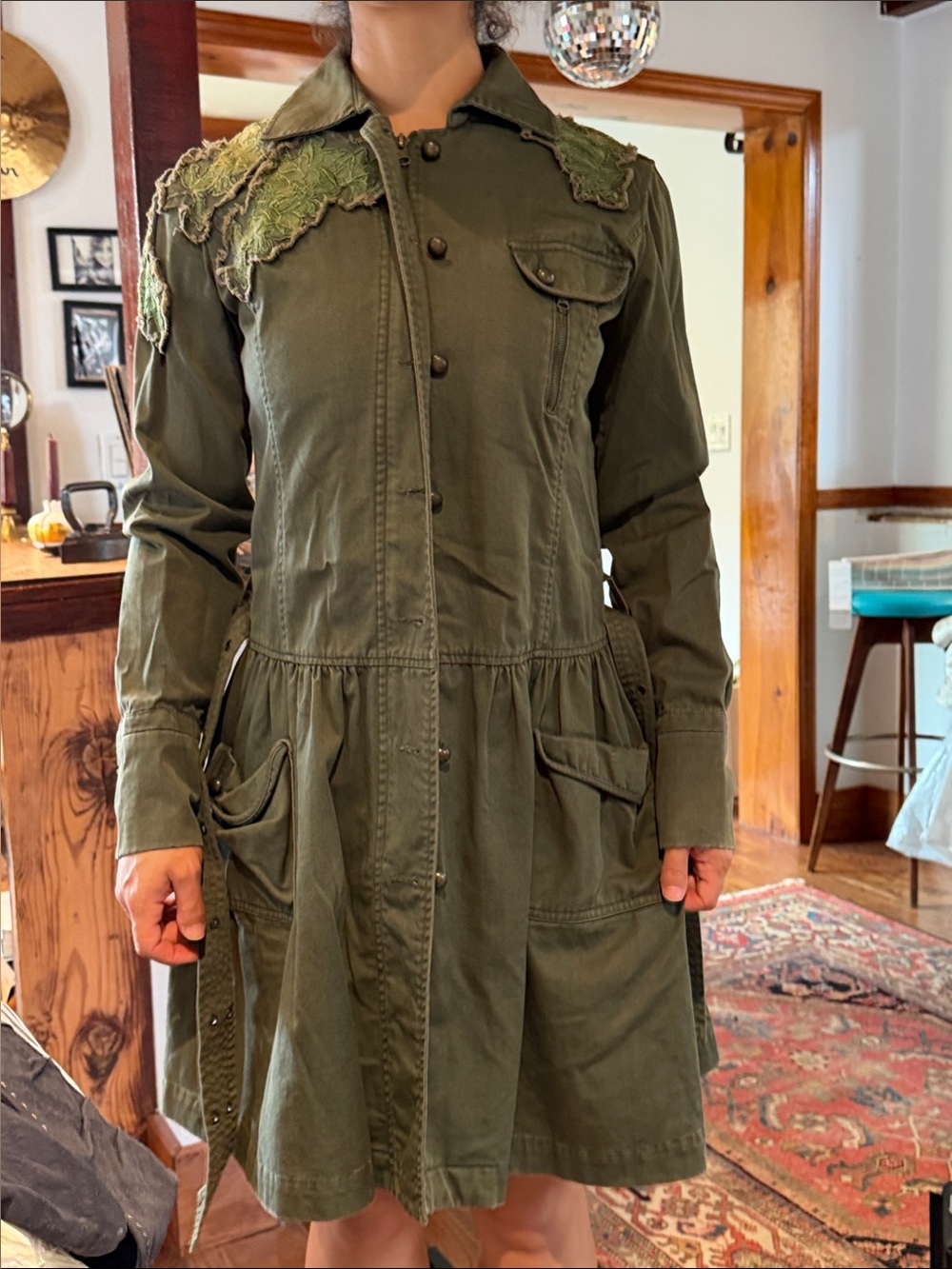 Olive Green Utility Jacket Dress with Shoulder Appliqué